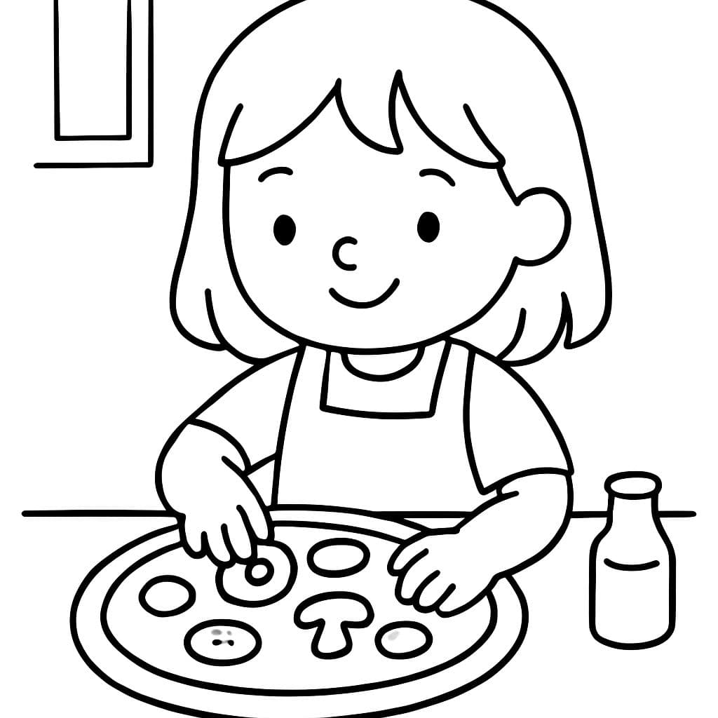 Niña caucásica pequeña con cabello lacio hasta los hombros haciendo pizza.