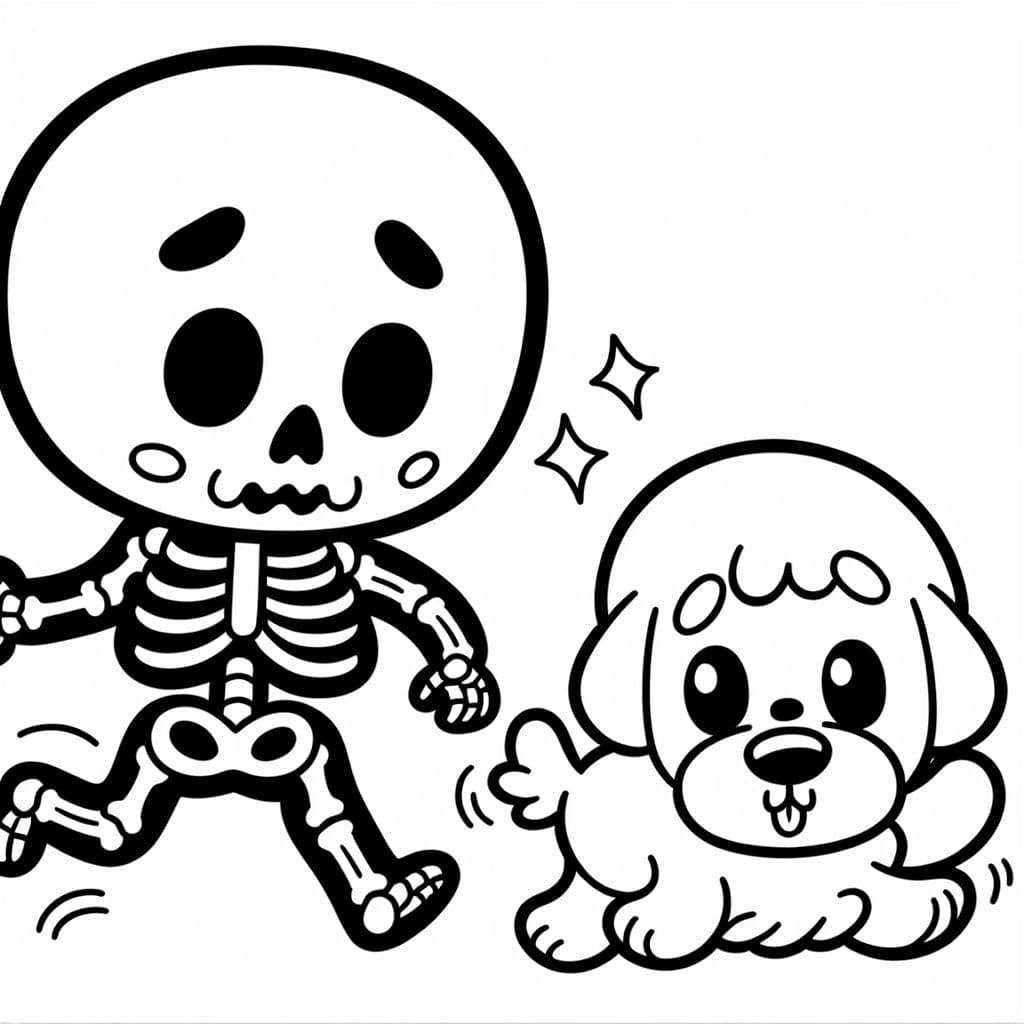 A skeleton that is scared and it is running away from a cute puppy