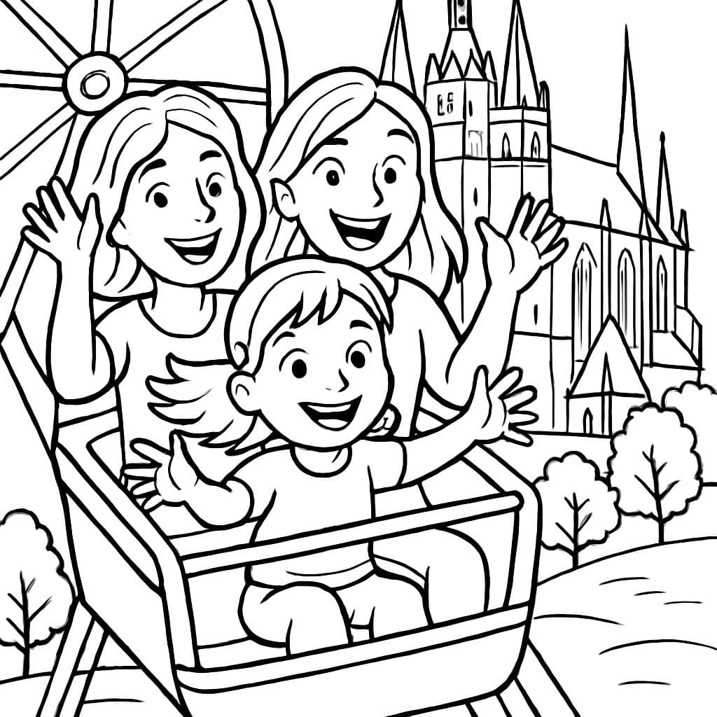 Una niña de 4 años con 2 mujeres en la noria frente a la catedral de Erfurt