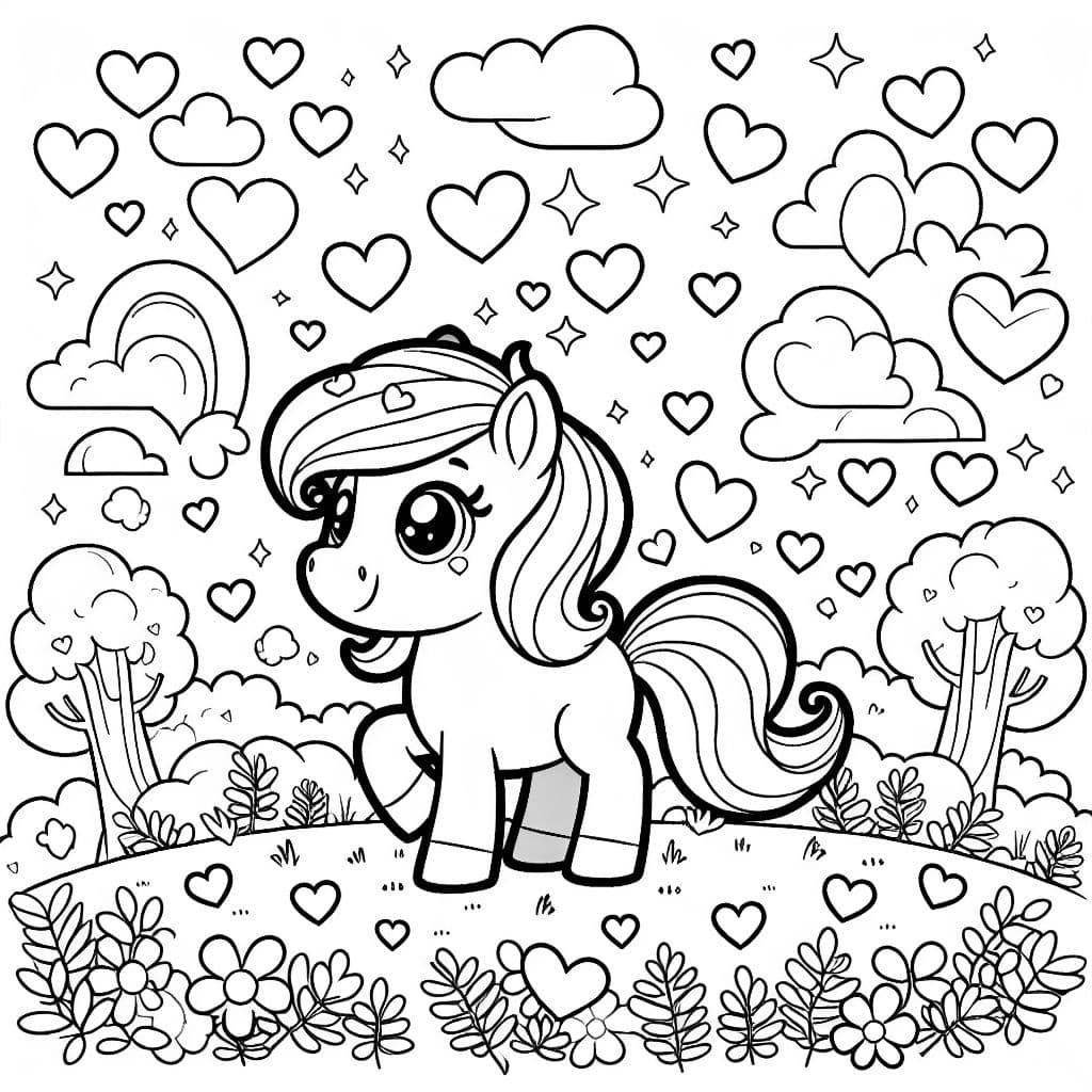 Ein Pony auf einer Wiese mit ganz vielen Herzen drum herum