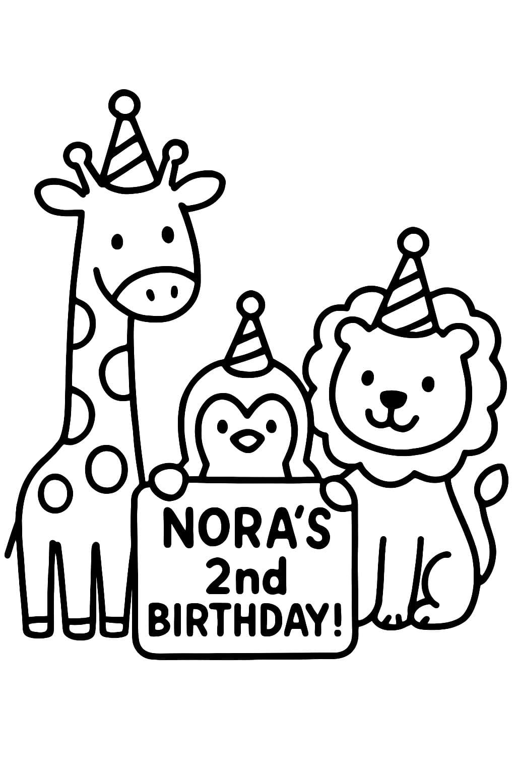 Uma girafa, um pinguim e um leão usando chapéus de festa e celebrando o 2º aniversário da Nora!