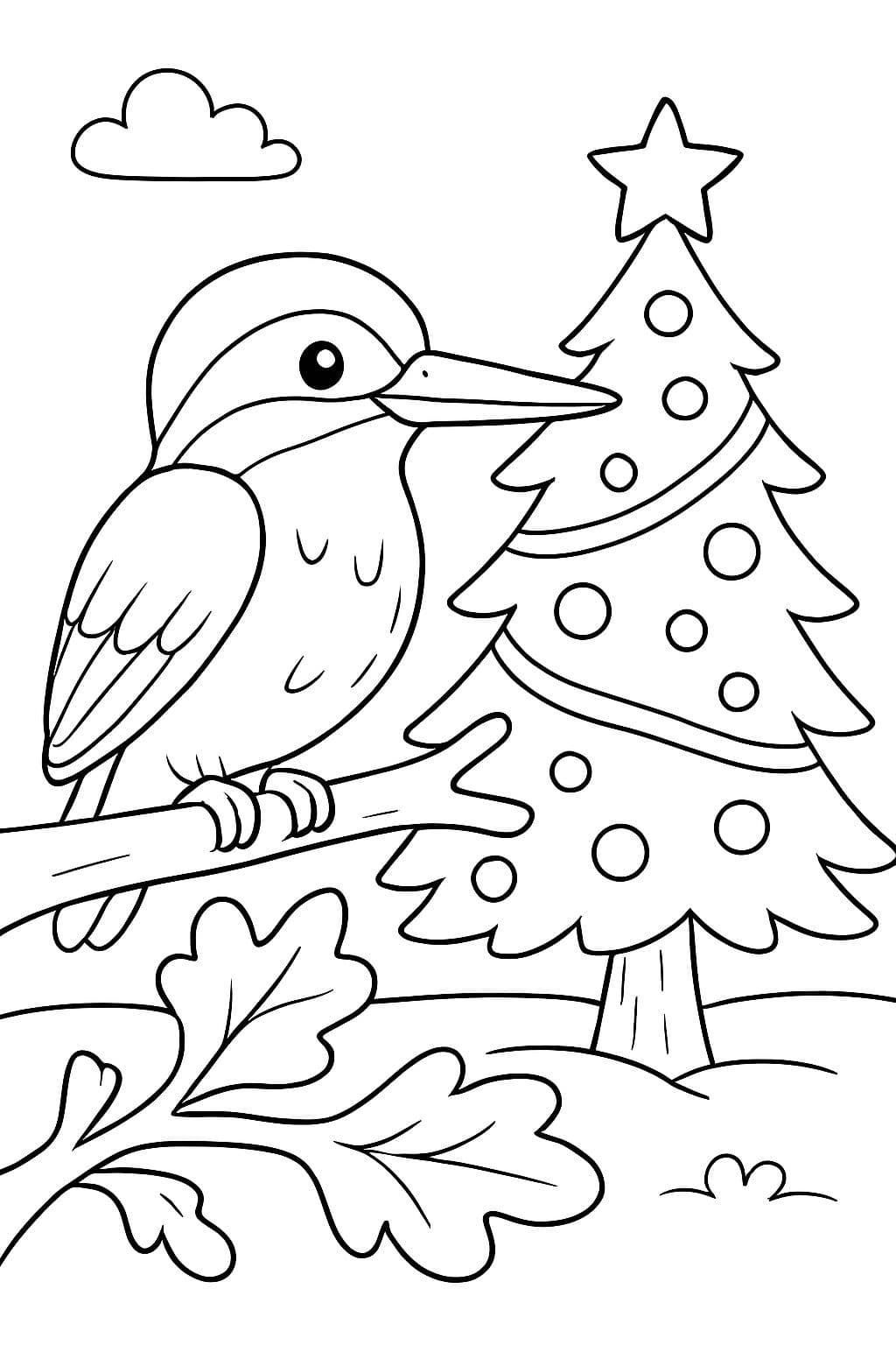 Um martinete sentado em um carvalho ao lado de uma árvore de Natal decorada