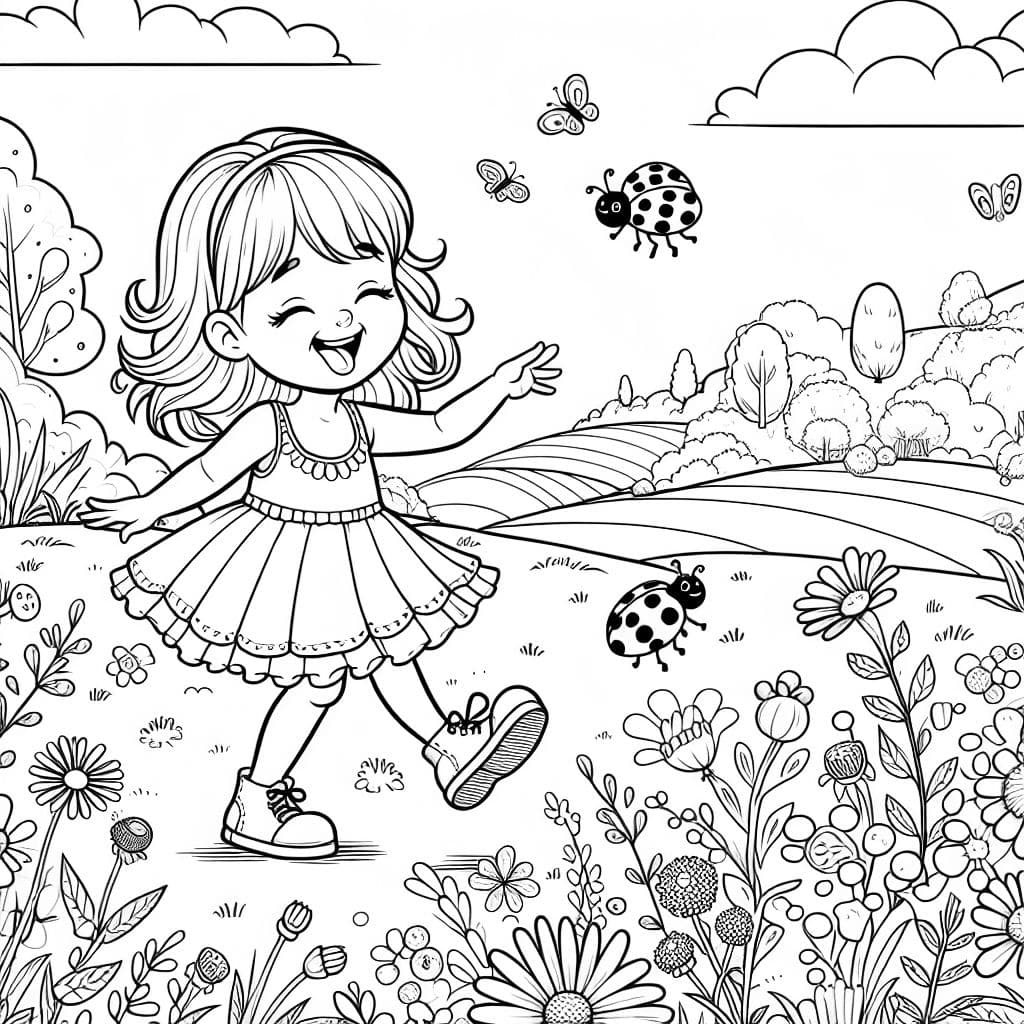 Niña rubia de cinco años bailando con una mariquita