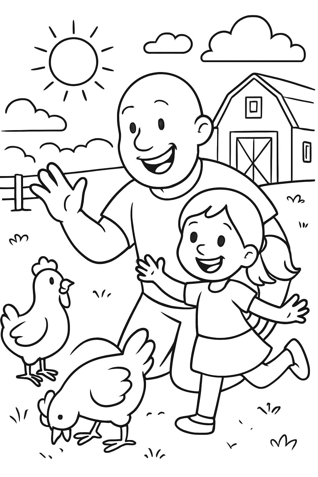 papa chauve et petite fille dans une ferme avec des poules
