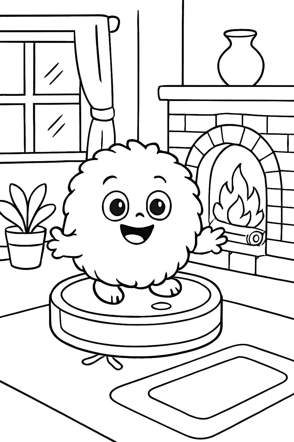 Une créature moelleuse et ronde qui vit dans un robot aspirateur et est assise près du poêle en faïence