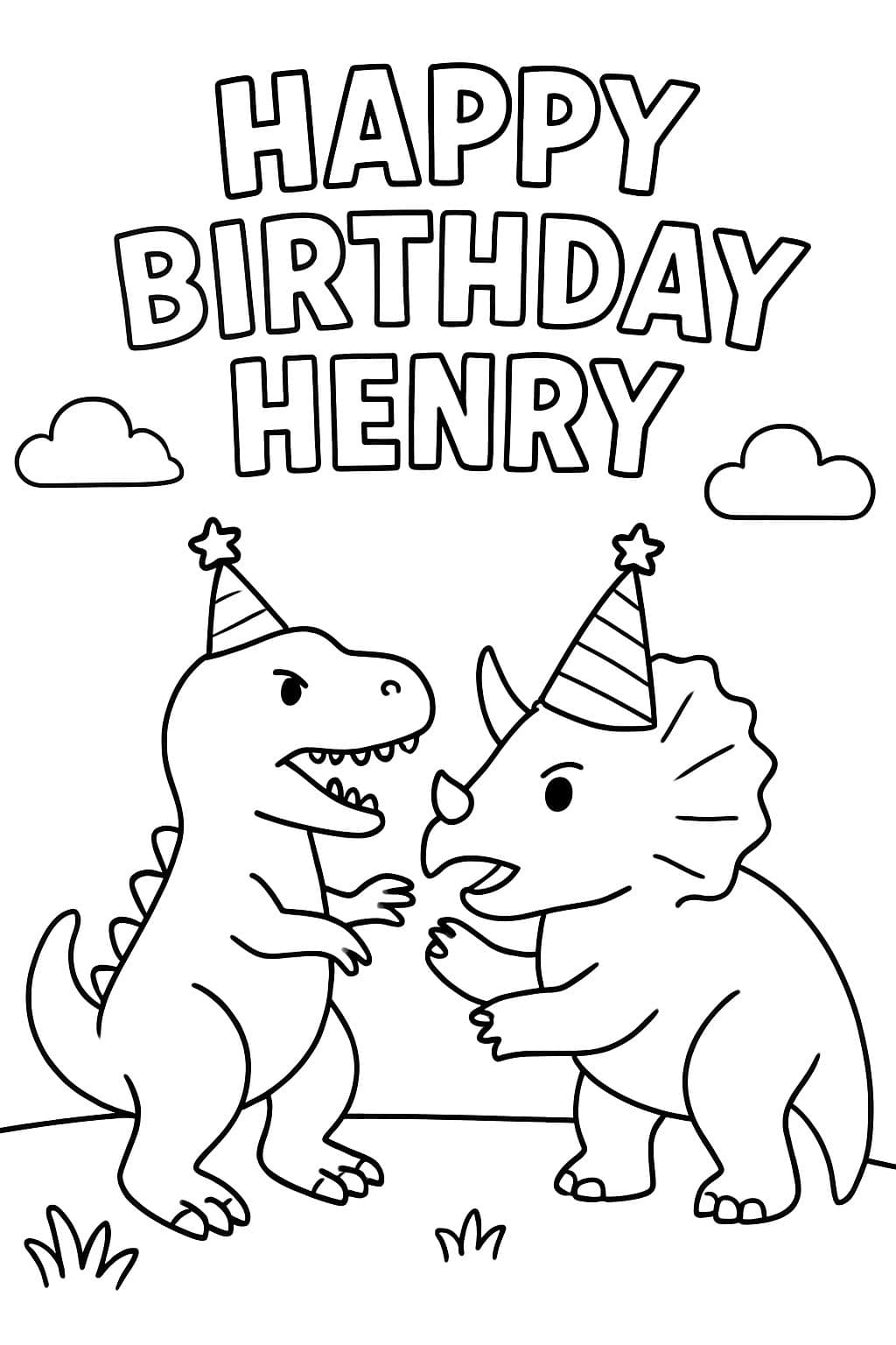 Two dinosaurs fighting with birthday hats and it says 'Happy Birthday Henry'