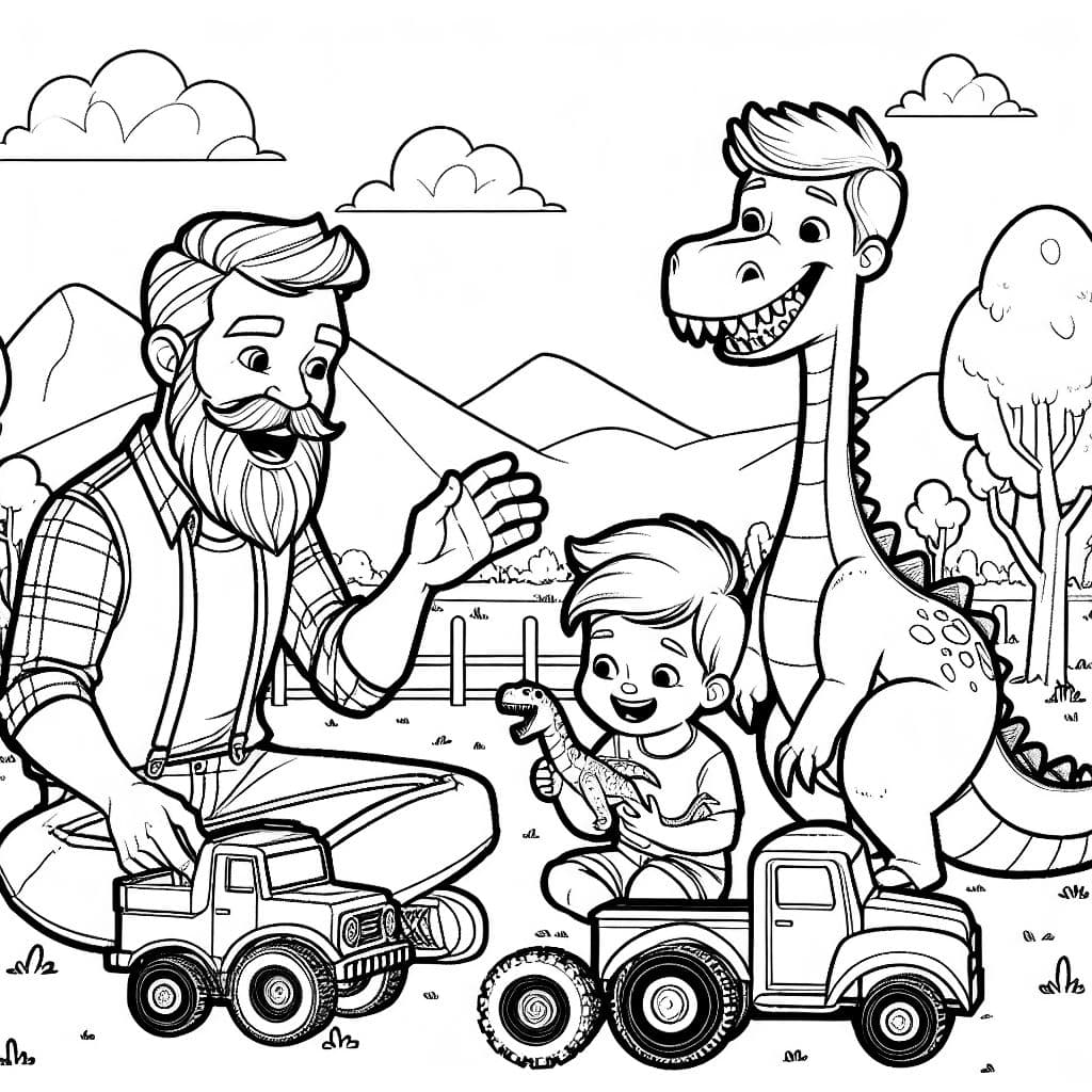 Un hombre con barba y cabeza calva, un niño pequeño con cabello rubio y un dinosaurio de caricatura feliz jugando con camiones🥰