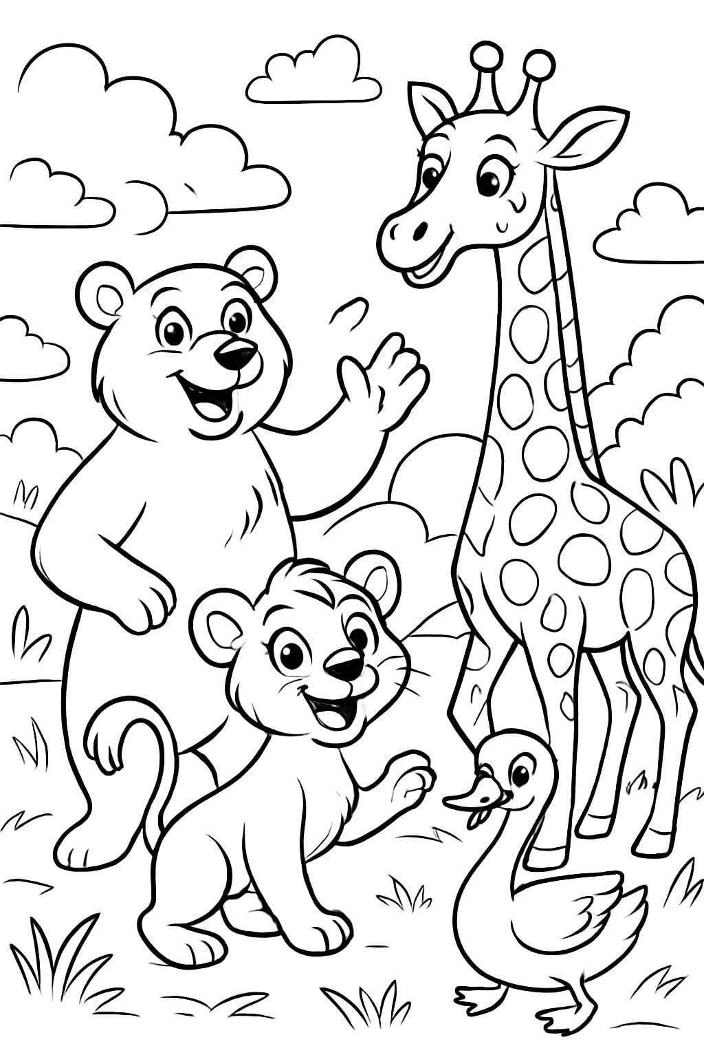 A family of four: A mama bear, a papa giraffe, a big sister lion and a little sister swan.