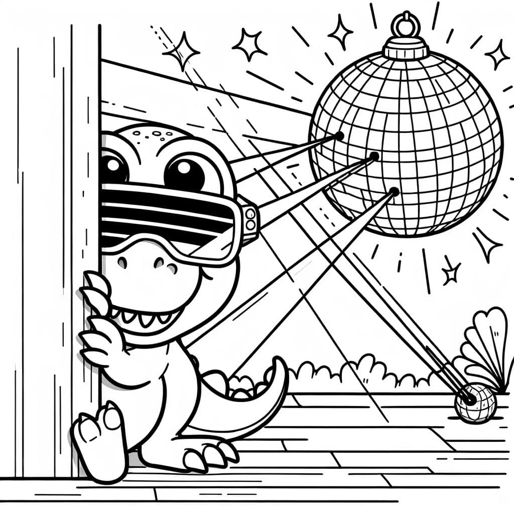Dinosaurier mit Schutzbrille hinter einer Wand mit Diskokugel mit Laserstrahlen