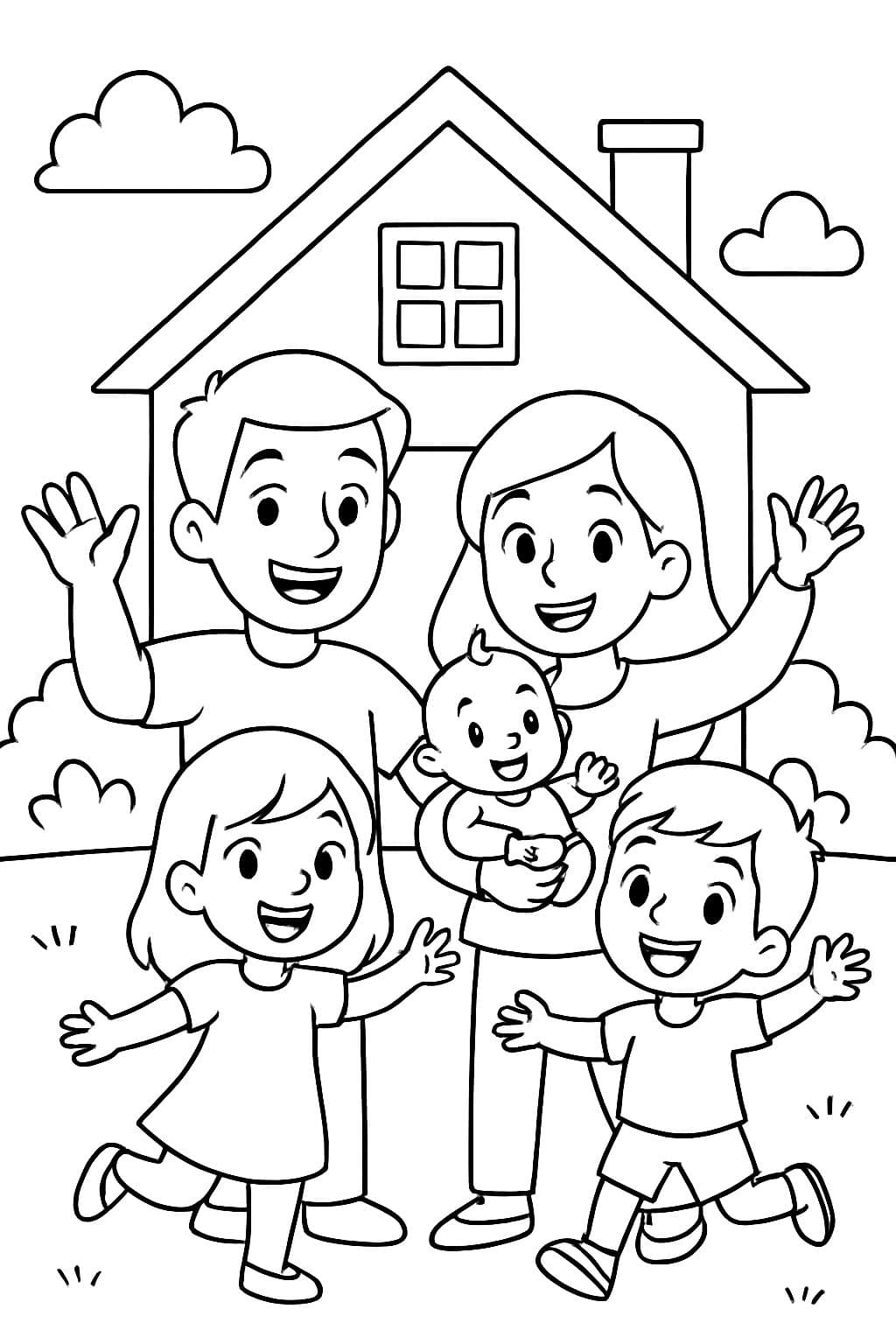 Una casa con una familia: padre, madre, una niña, un niño y un bebé
