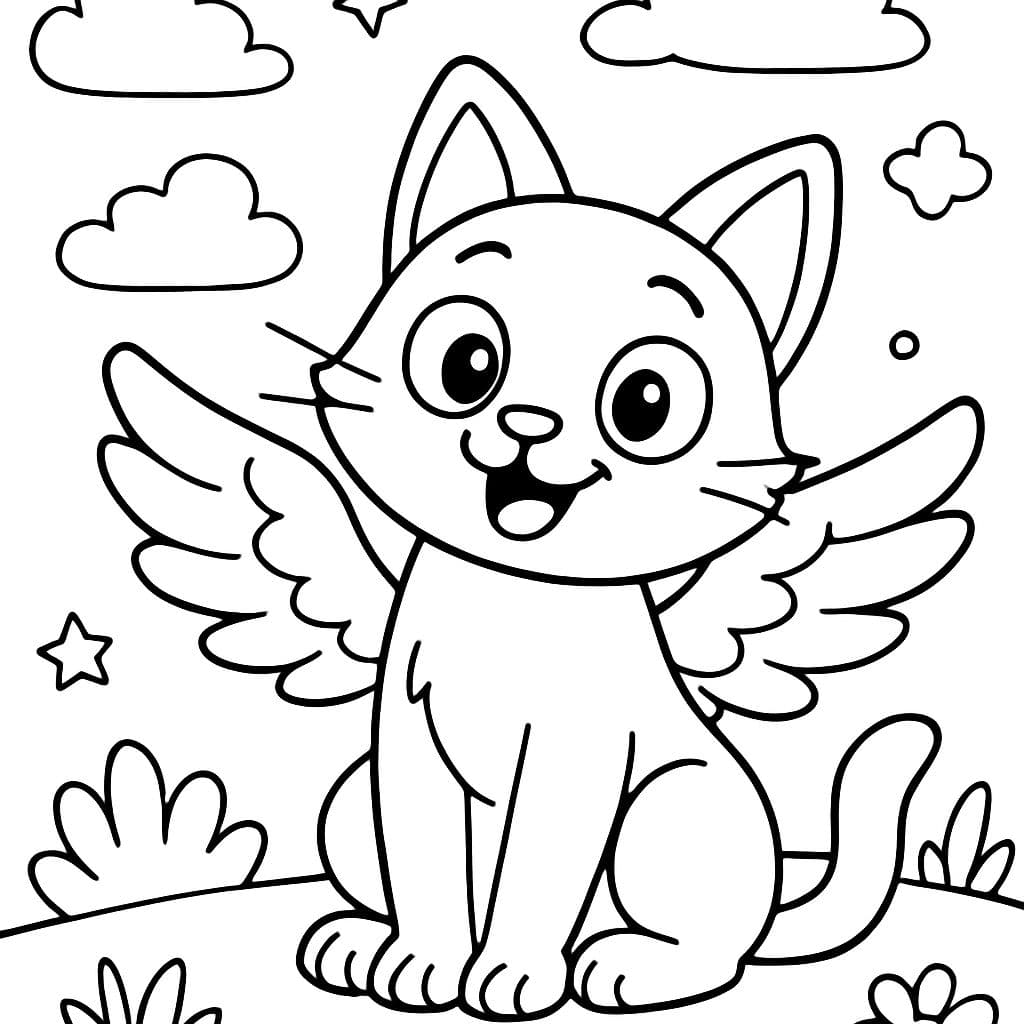 Eine sitzende katze, die in die kamera schaut mit flügeln