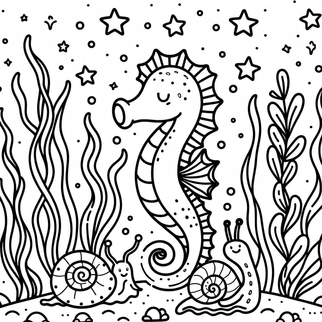 seahorse in seaweed with snail snake and stars