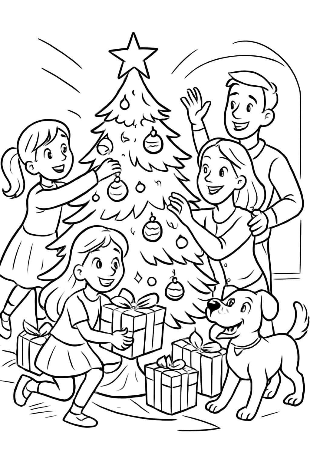 weihnachtsbaum,zwei mädchen,eltern,hund und geschenke