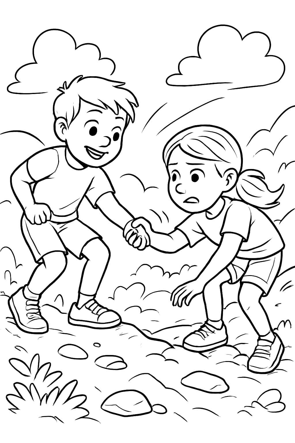 Ein Kind hilft einem anderen Kind bei einer anstrenden Aufgabe