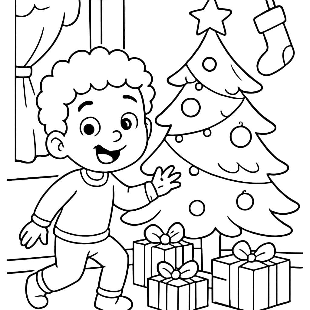 un petit garçon aux cheveux bouclés près du sapin de Noël