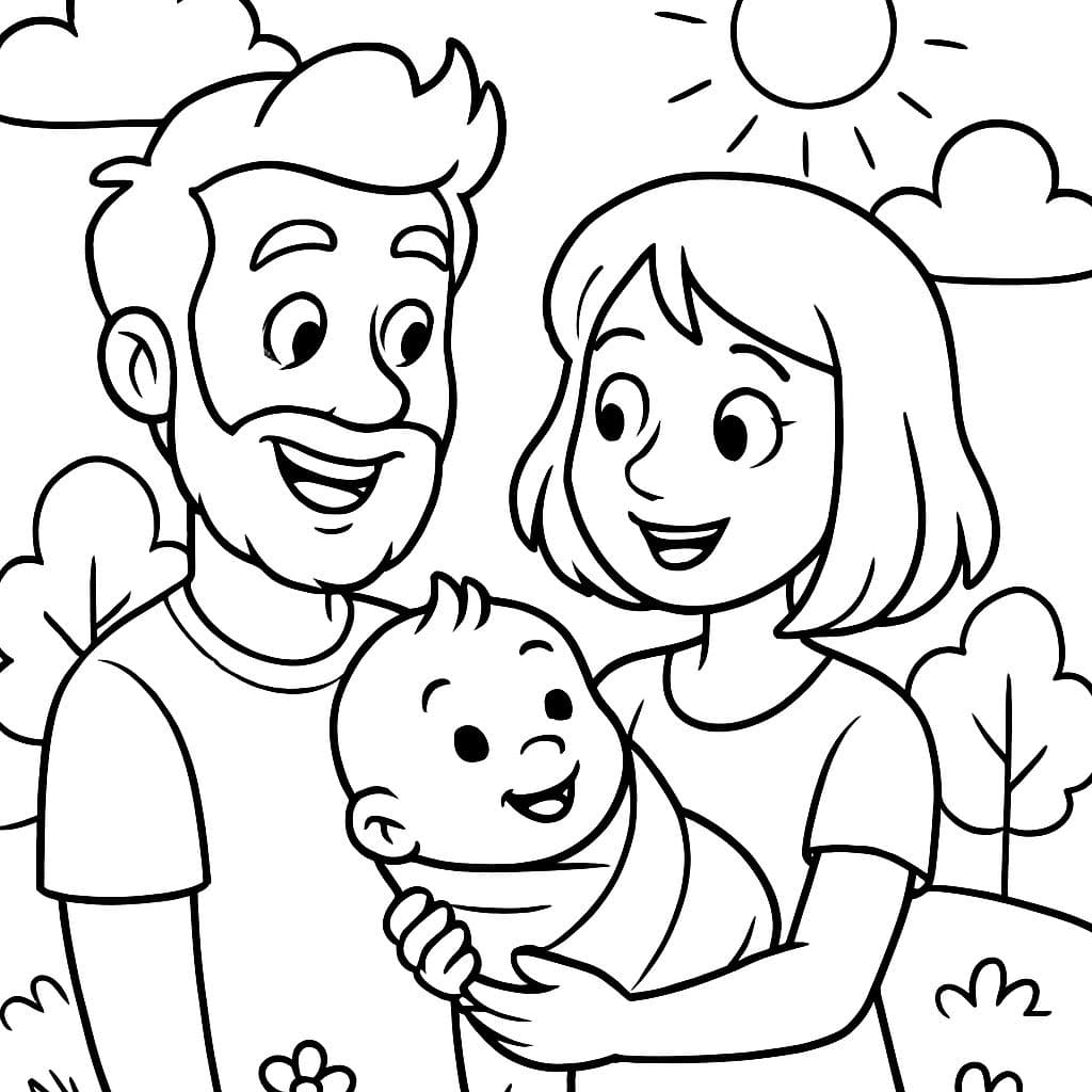 un homme avec des cheveux pleins et une barbe, une jeune femme avec des cheveux mi-longs, et tous deux regardent un bébé que la femme tient dans ses bras. Ils se sourient tous.