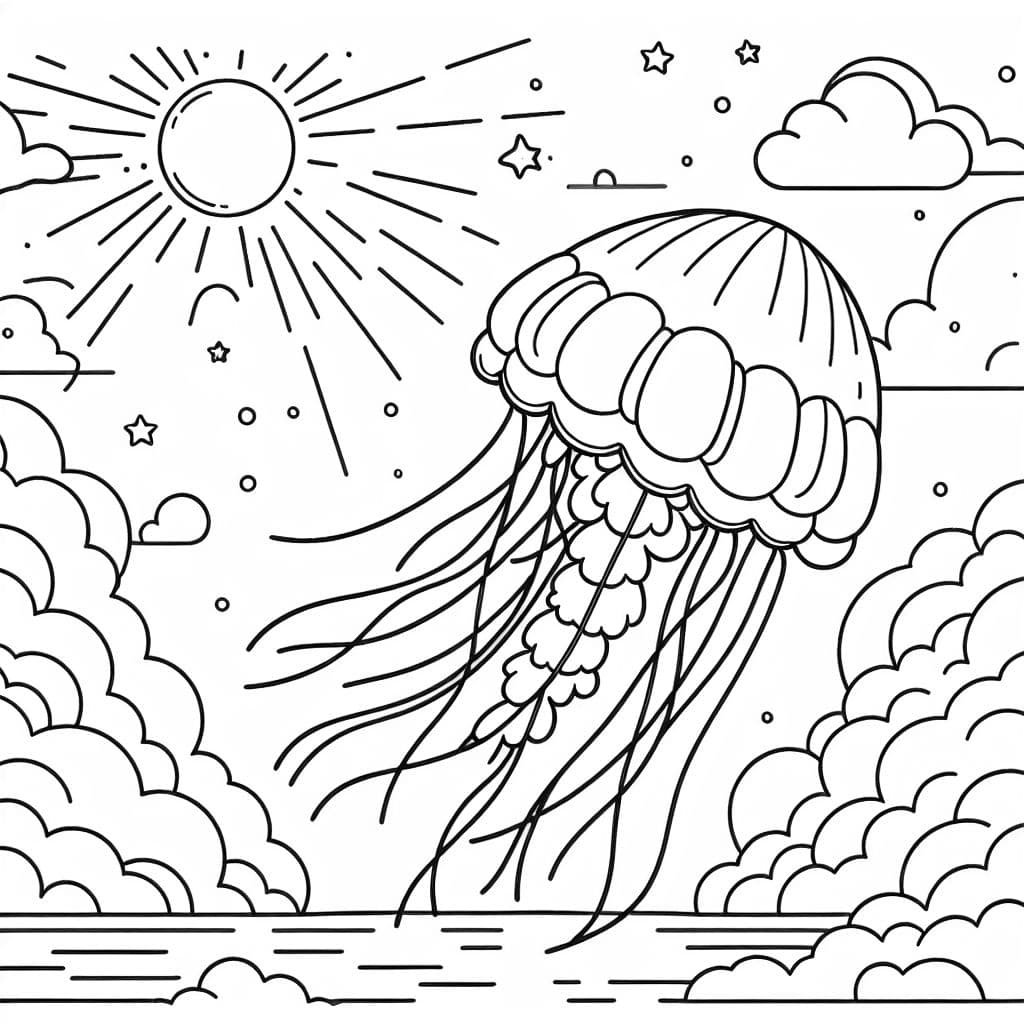 Une méduse nageant dans le ciel, entourée de nuages et de rayons de soleil.
