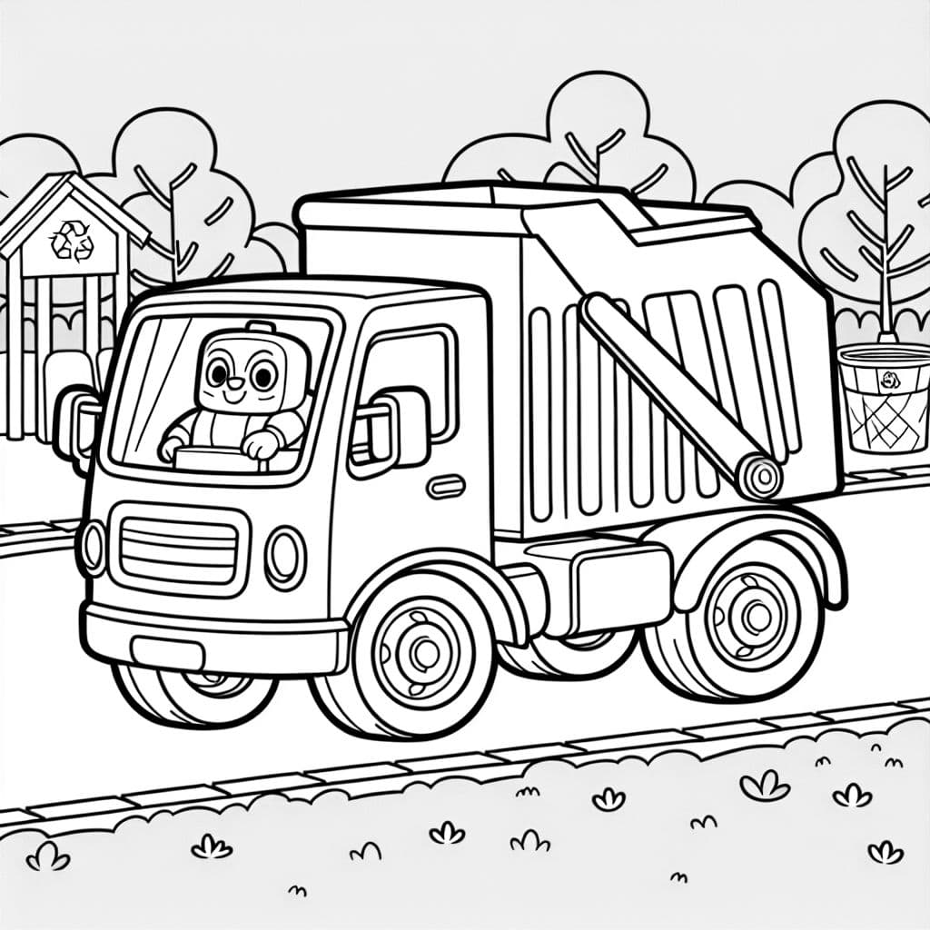 Un camión de reciclaje con un cubo en la parte delantera.