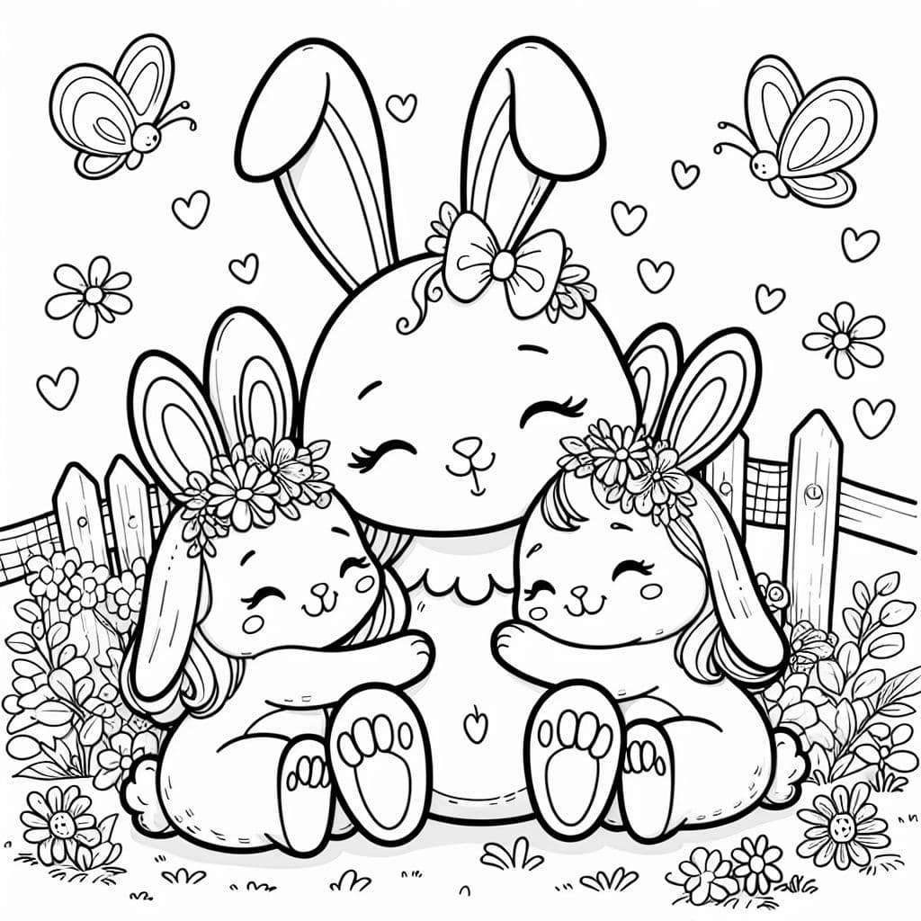 Mama osterhase kuschelt mit 2 mädchen osterhasen