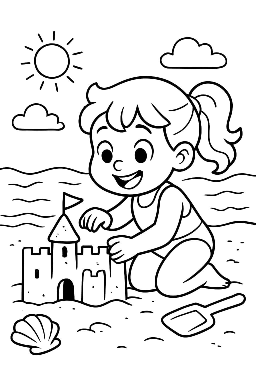 Nena de 3 años haciendo un castillo de arena en la playa.