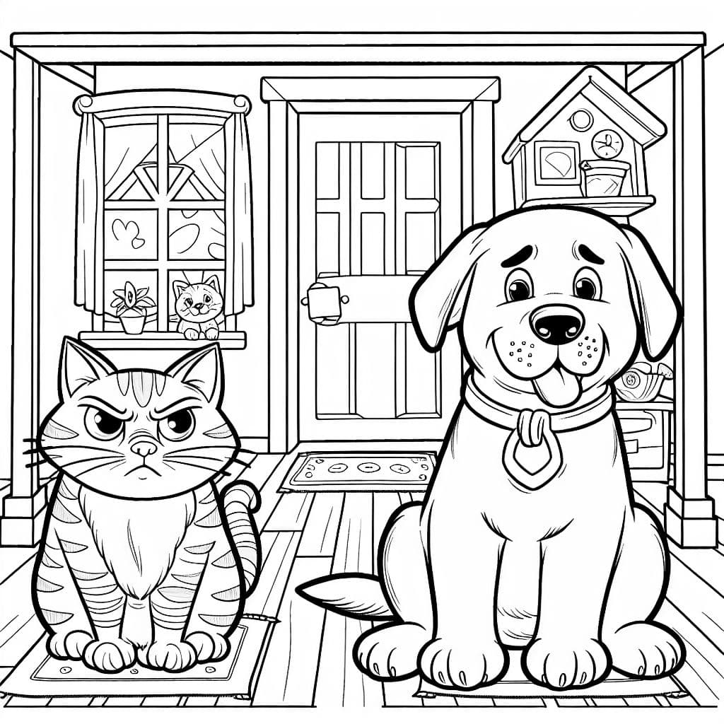 Un gato atigrado gruñón y un labrador retriever están juntos adentro. Esta escena ilustra la amistad entre dos mascotas diferentes.