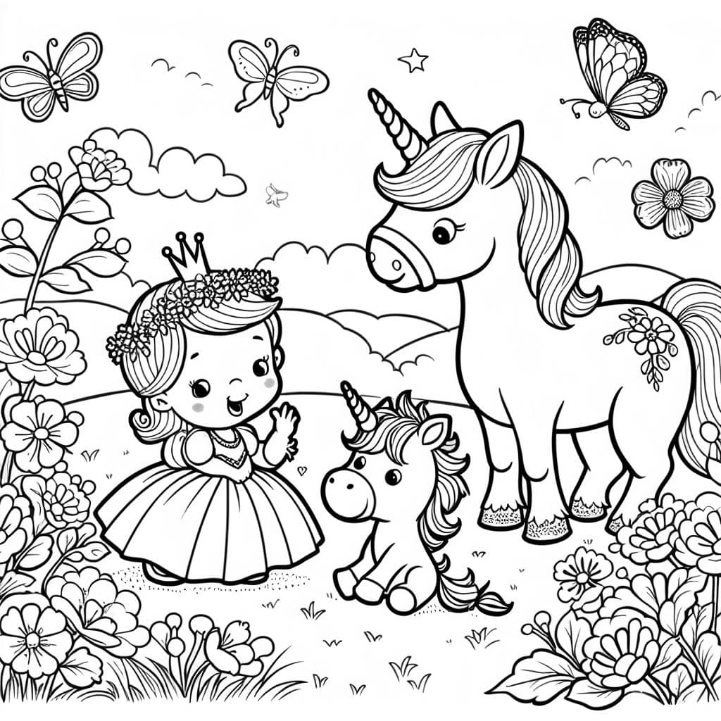 Un unicornio con una princesa rodeada de flores y un unicornio bebé.