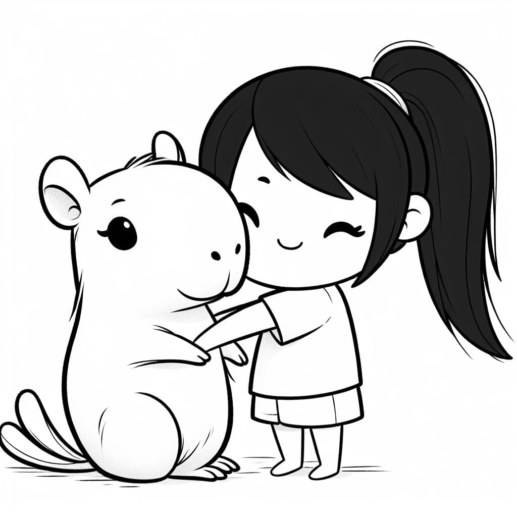 a capybara giving a girl with a black ponytail a hug