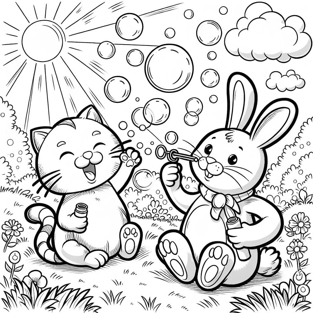 eine Katze und einen Hasen, die Seifenblasen pusten und die Sonne scheint