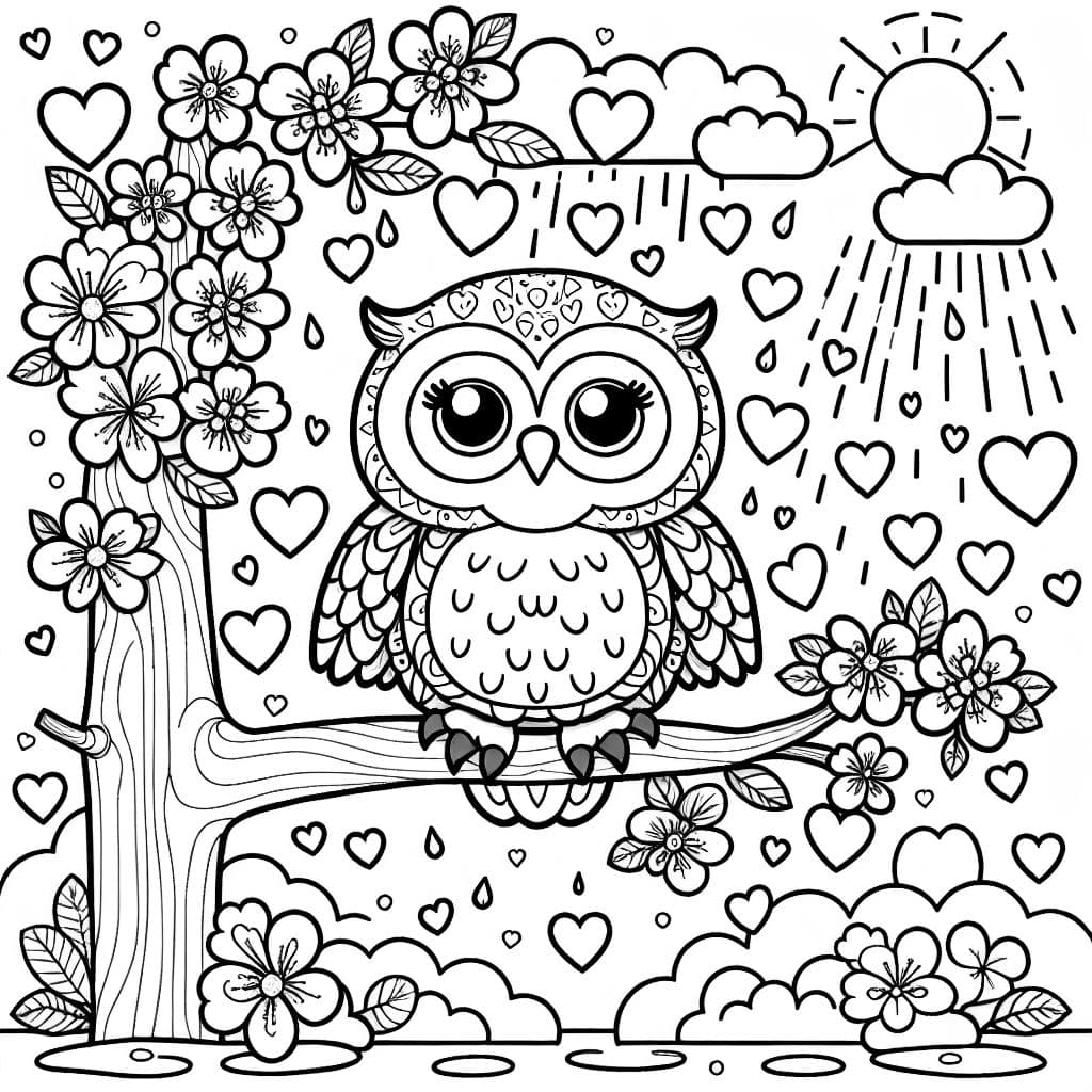 búho en un árbol en flor con corazones goteando del cielo