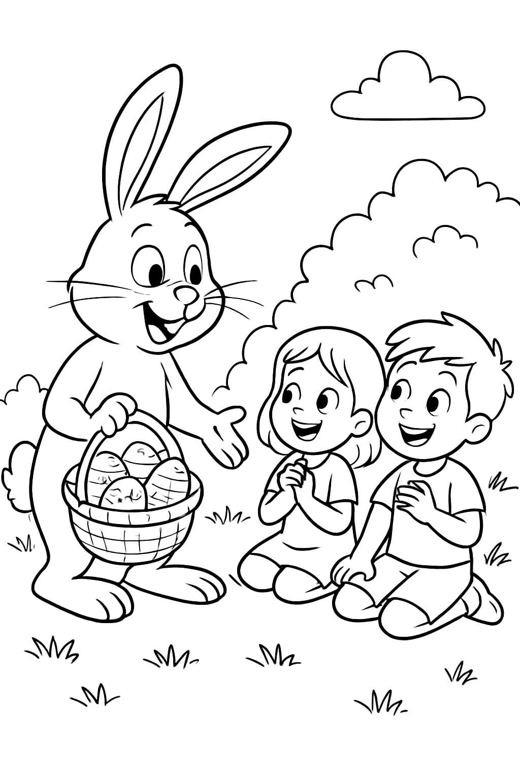 Conejo de Pascua que viene hacia los niños que esperan sentados con huevos de Pascua