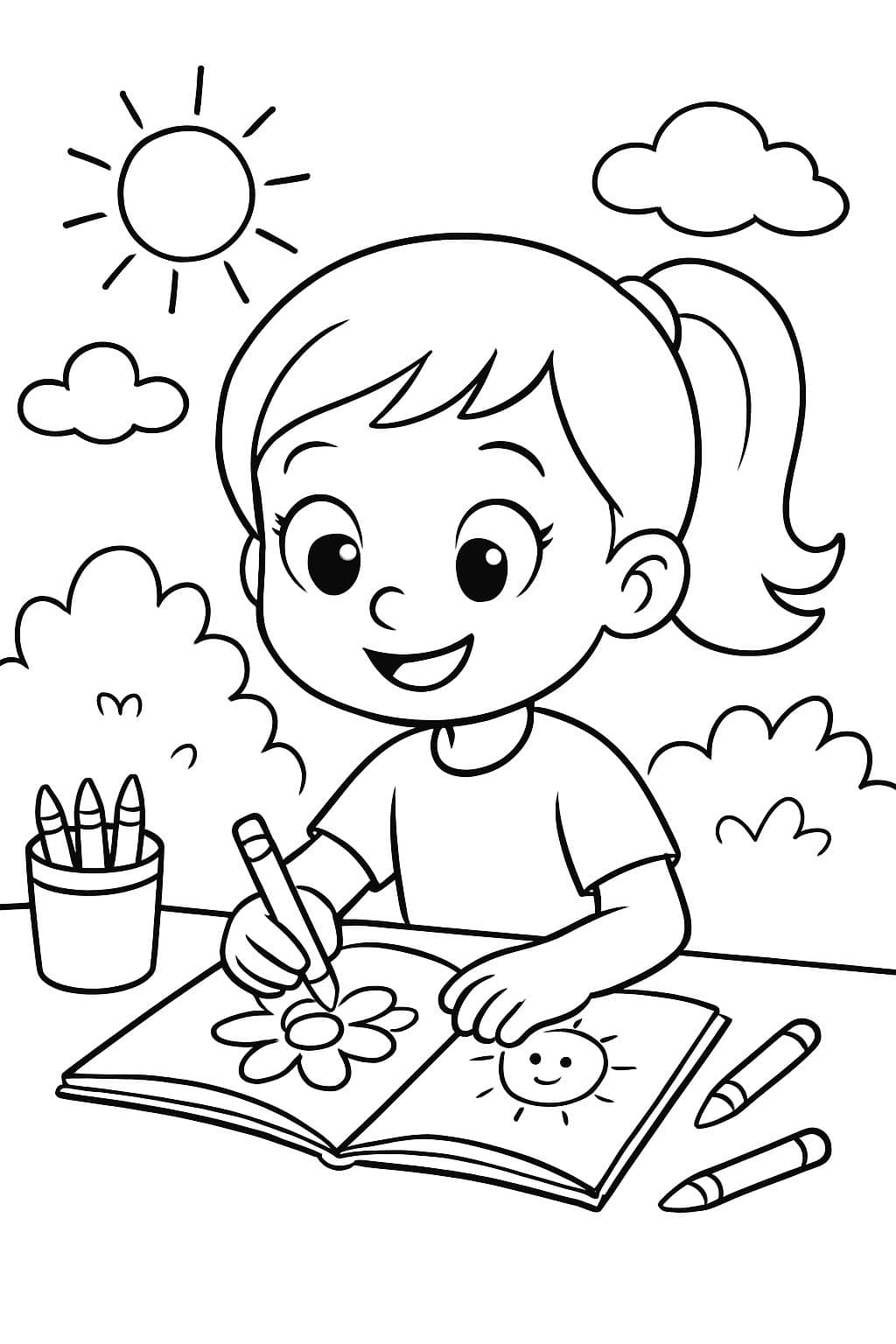 Fille de 6 ans avec une queue de cheval coloriant calmement.