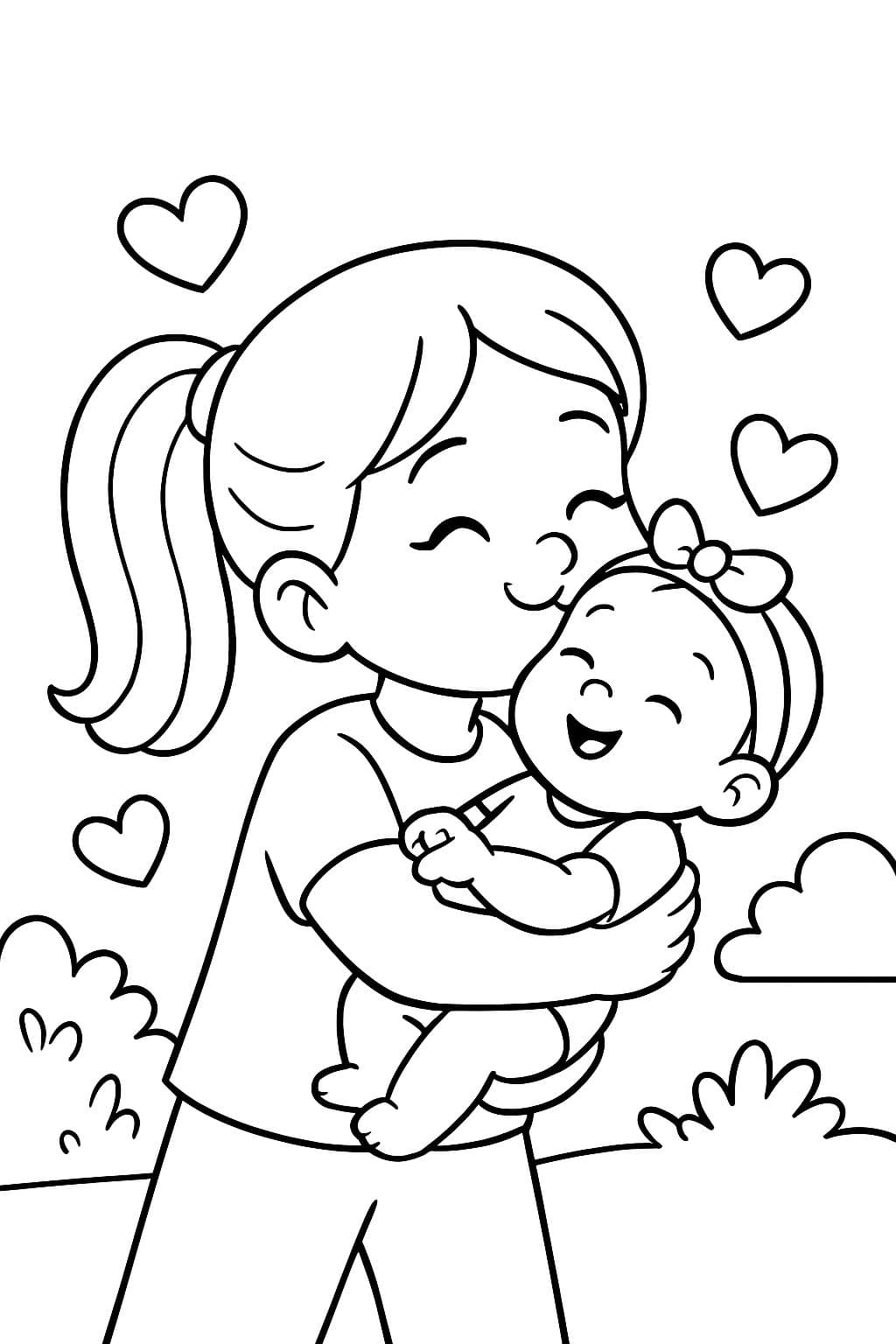 A big girl carrying her 3-month-old sister, giving her a kiss with hearts around and having a black silhouette.
