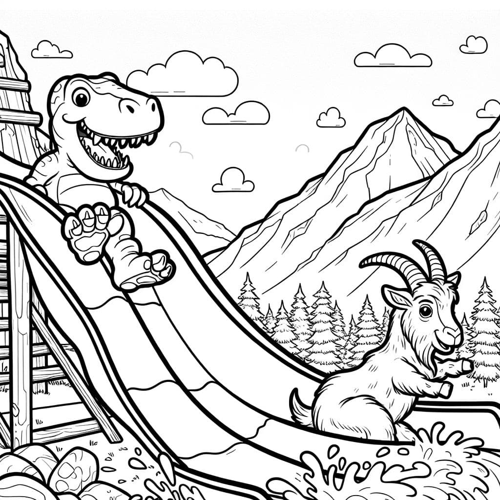 T-Rex and mountain goat going down waterslide