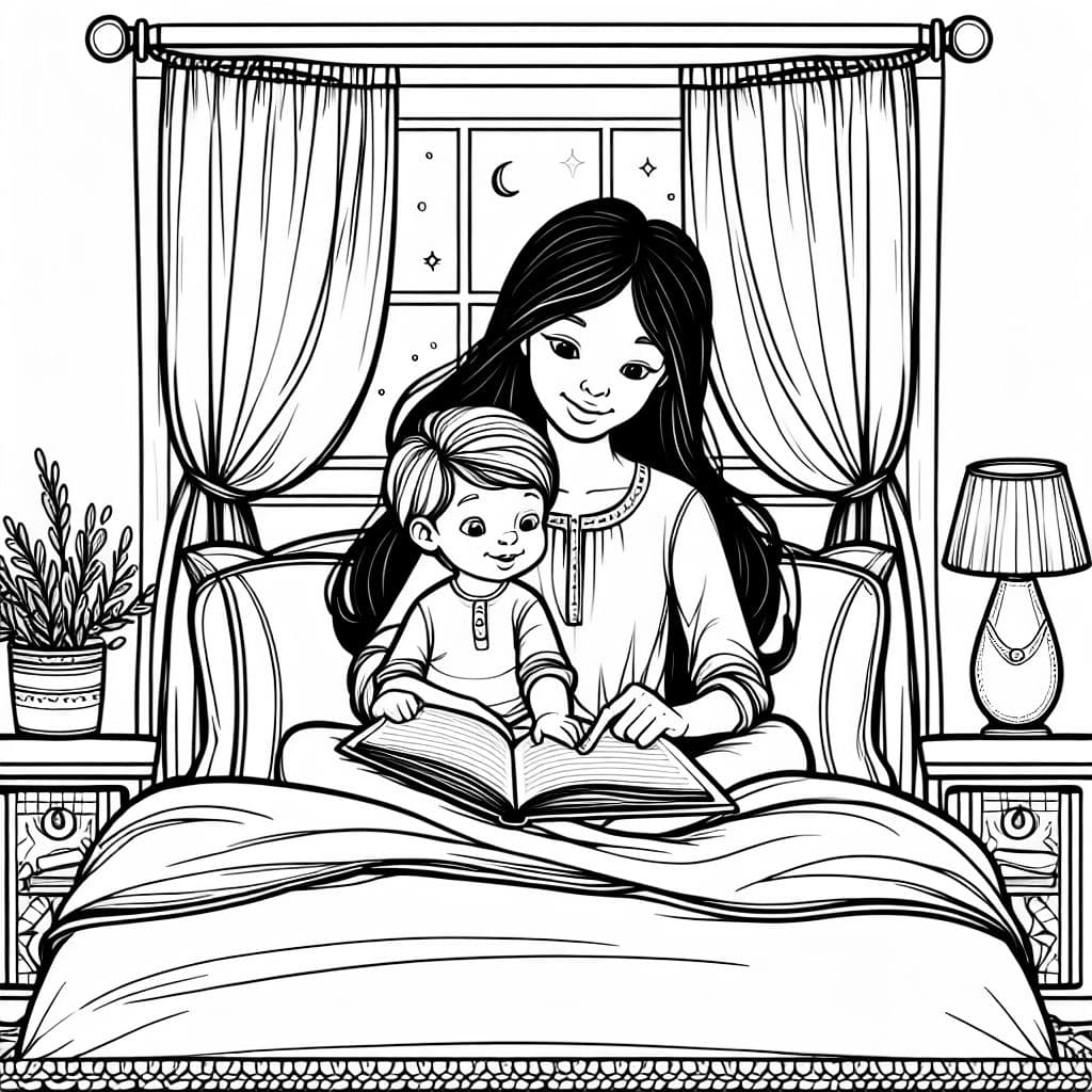 A caucasian mom with long black hair reading to her toddler son with red hair while they are sitting on the bed