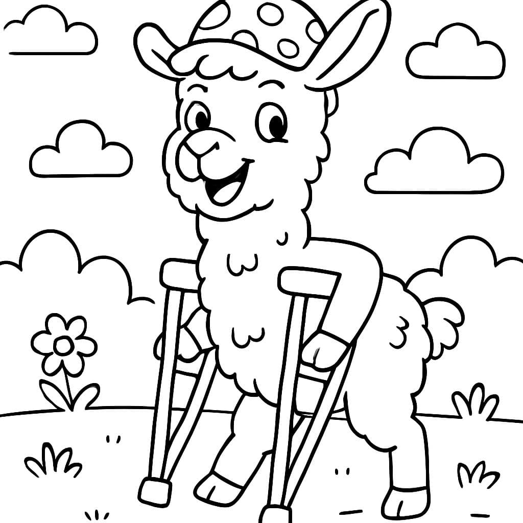 Una llama con muletas y un sombrero de puntos