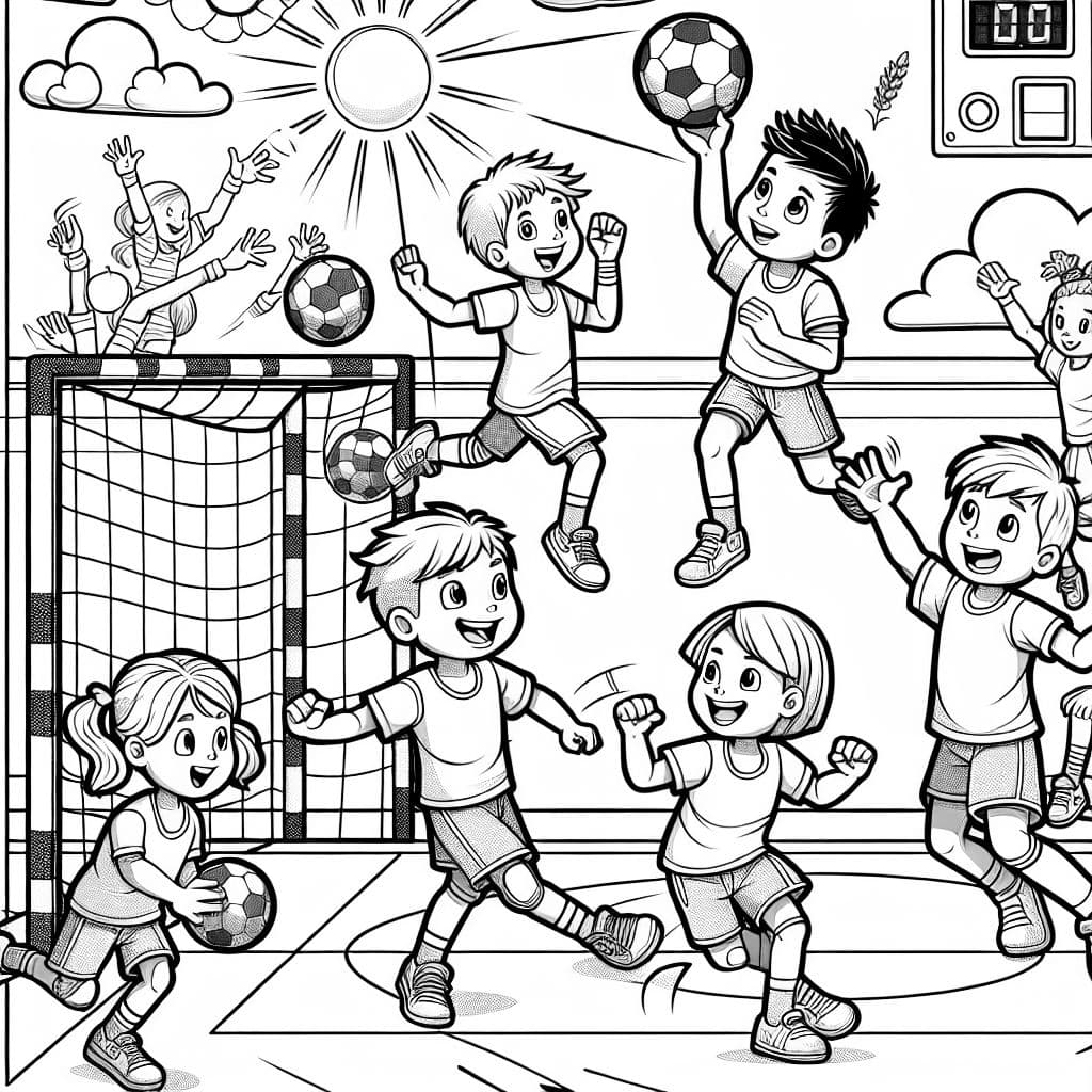 Como artista de páginas de colorir para crianças, ajude-me a criar uma página de colorir detalhada. O motivo deve representar o handebol e ser projetado para ser empolgante para colorir, com várias áreas e formas. Mantenha as linhas claras e simples para as crianças, e adicione pequenos detalhes que deem vida ao tema.