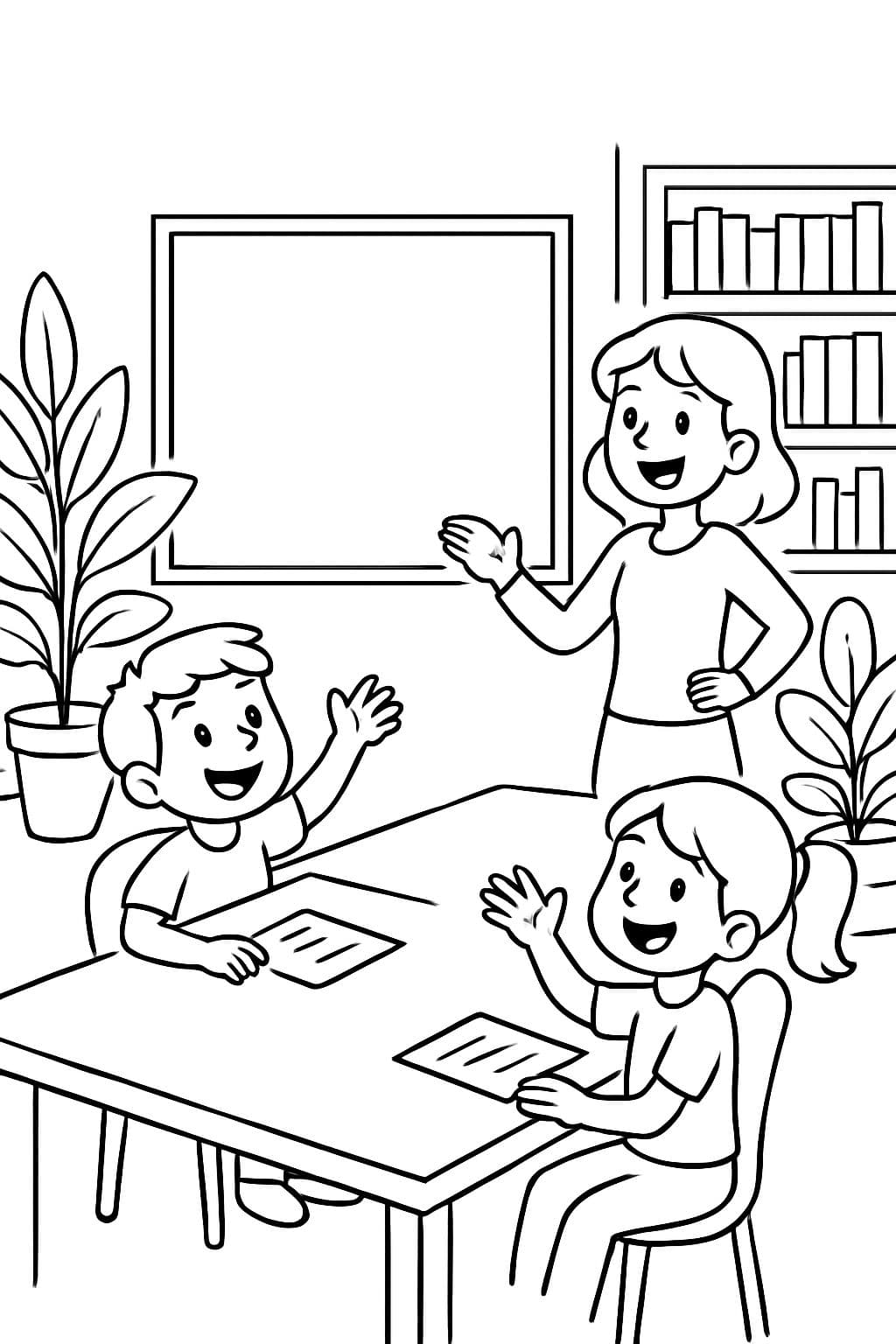 une salle de conférence avec des plantes et une bibliothèque