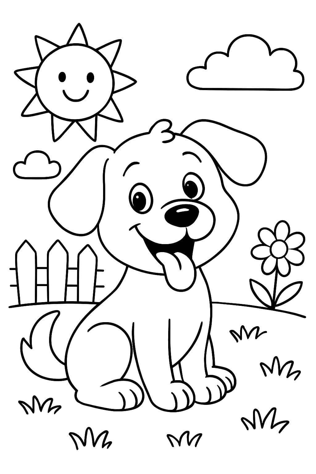 Ein Hund, der an einem sonnigen Tag im Garten sitzt.