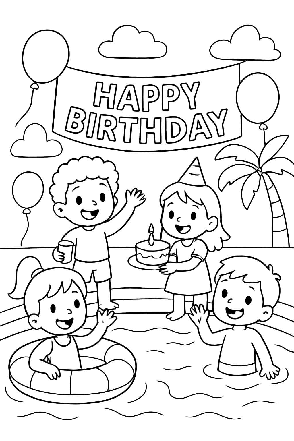 Niños en una fiesta de cumpleaños en la piscina