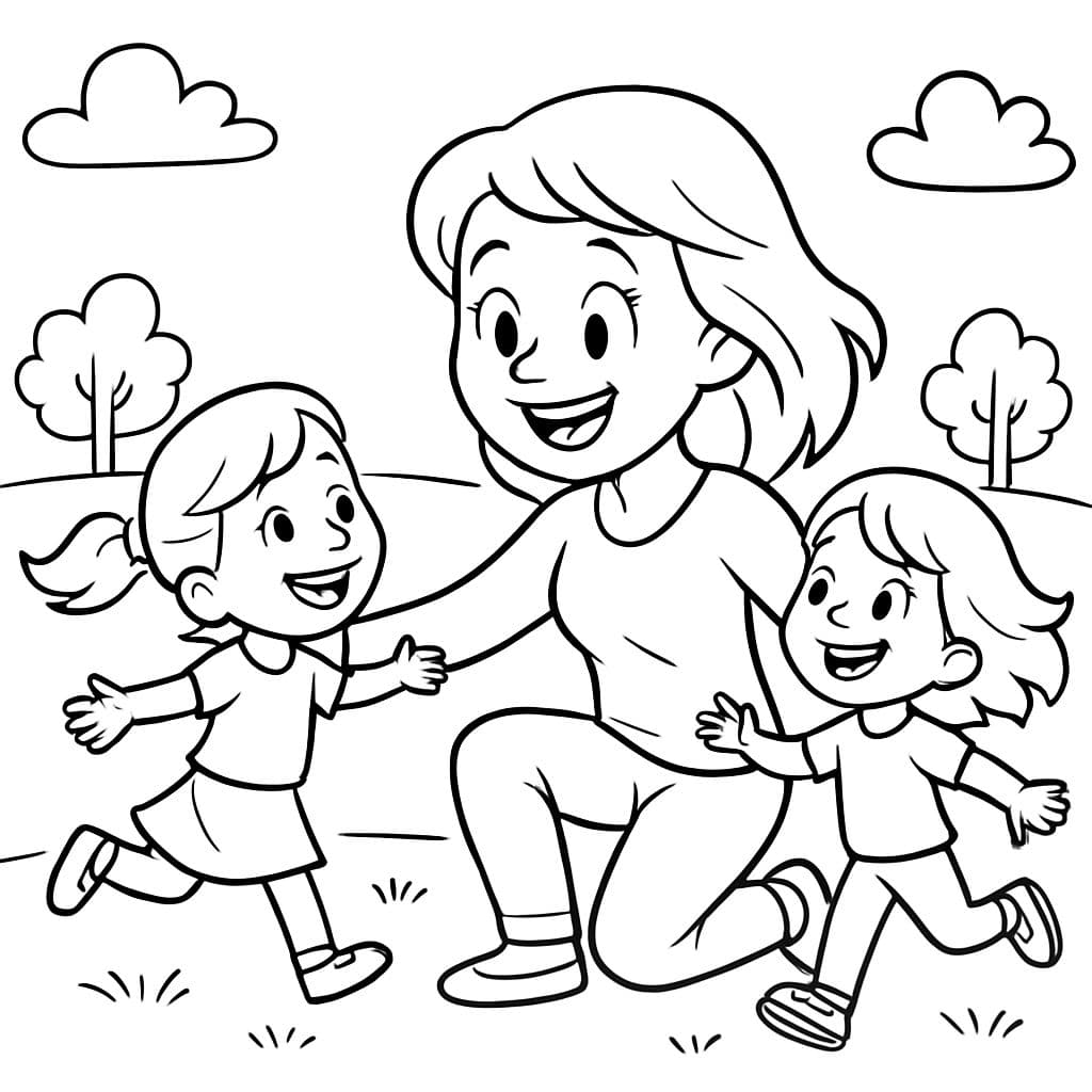 2 hijas corren (a distancia entre sí) hacia mamá.