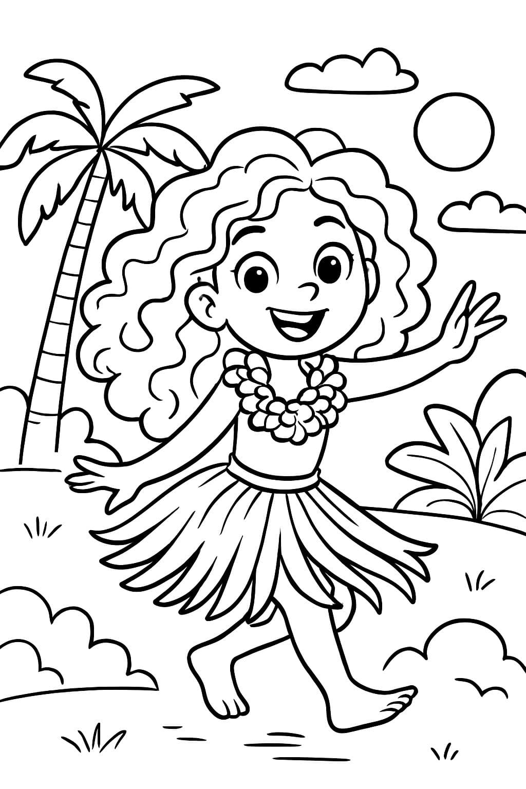 une fille avec de longs cheveux bouclés dans une jupe hawaïenne