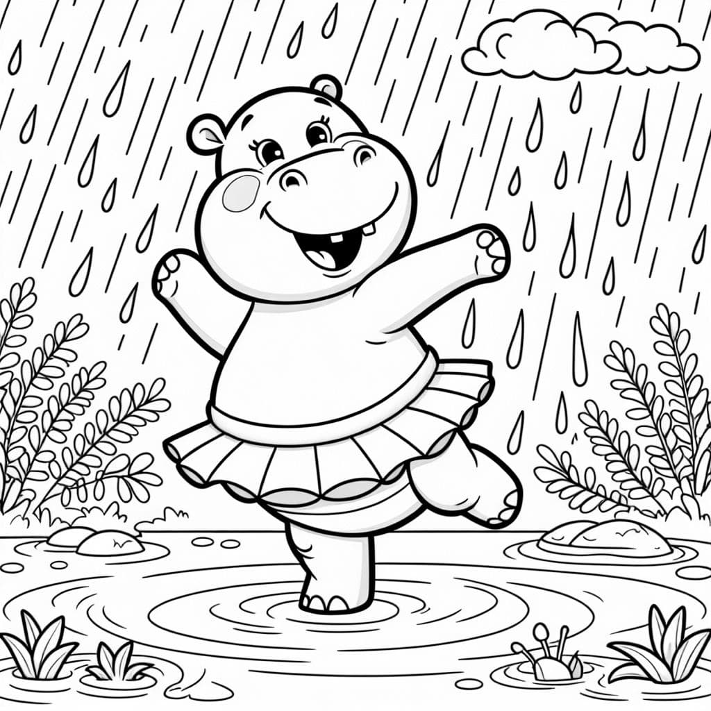 un hipopótamo bailando en la lluvia con un tutu