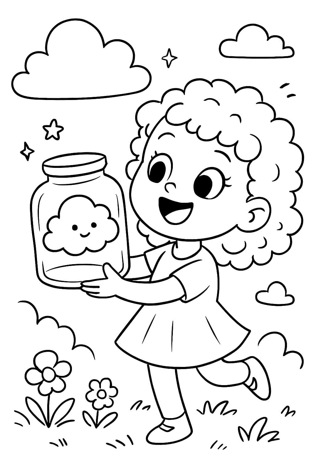 petite fille aux cheveux bouclés avec un nuage dans un bocal