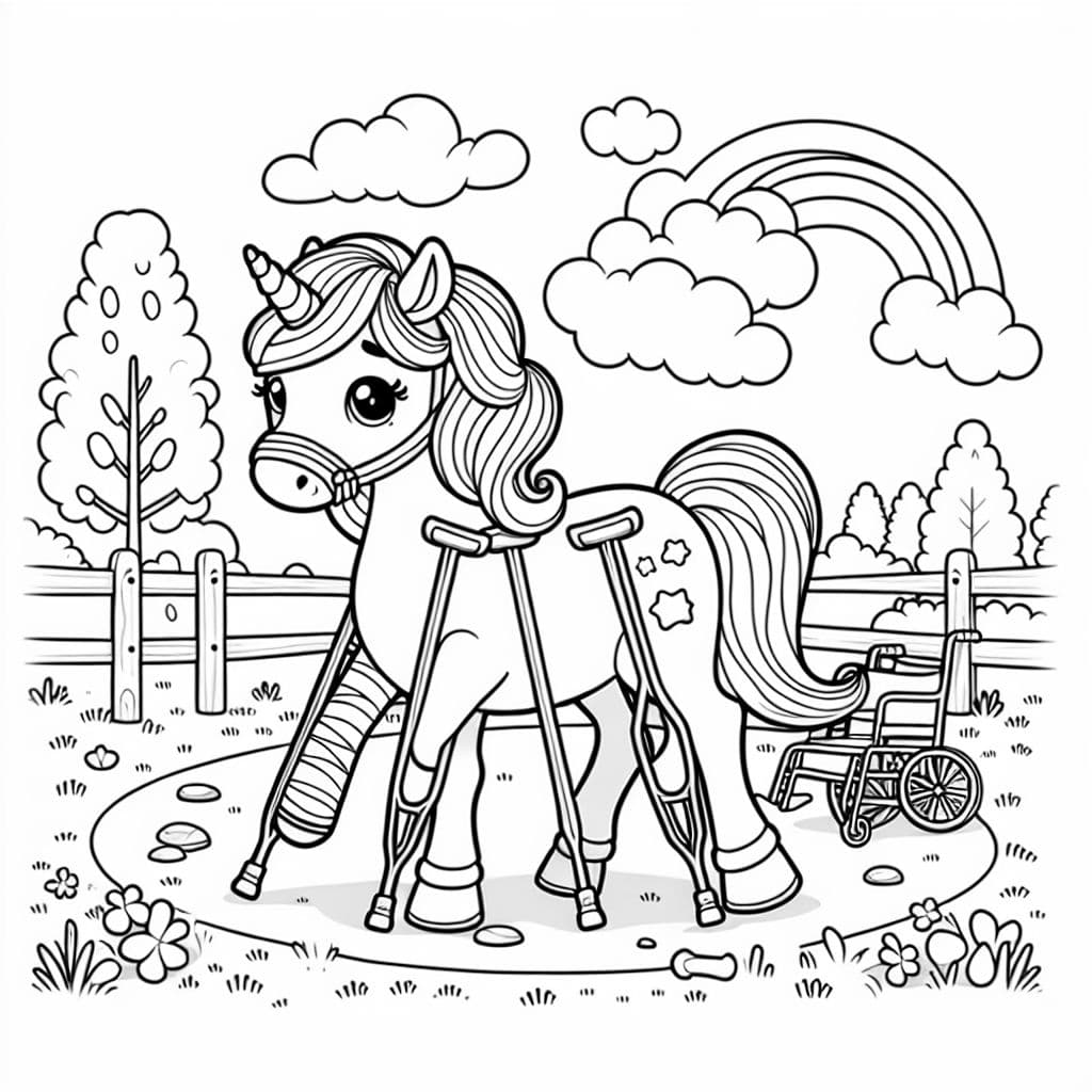 ein Einhorn mit einem gebrochenen Bein und Krücken
