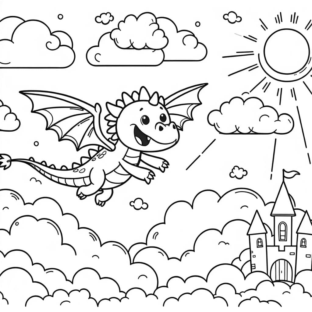 A happy dragon flying in the sky with clouds and sunshine and a castle in the distance