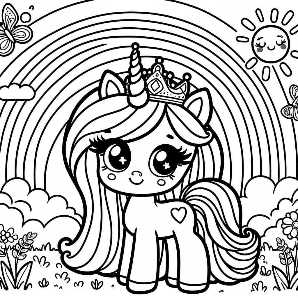 Eine Prinzessinnen-Einhorn mit Regenbögen im Hintergrund