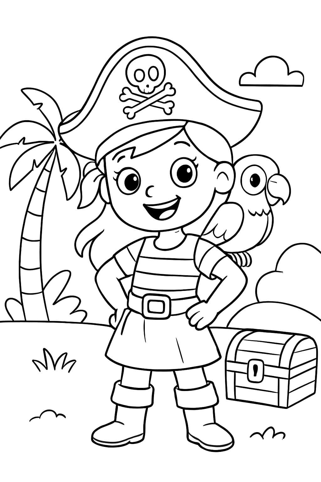 Ein süßes Piratenmädchen mit einem Papagei auf der Schulter. Sie steht.