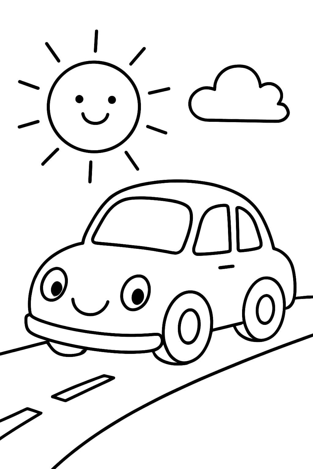 un coche sonriente conduciendo por un camino soleado