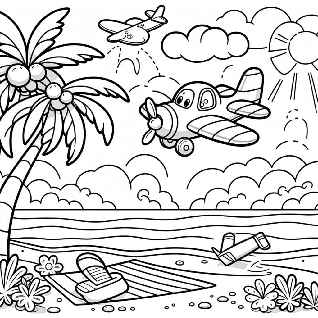 une plage avec des palmiers et un avion volant dans le ciel au-dessus