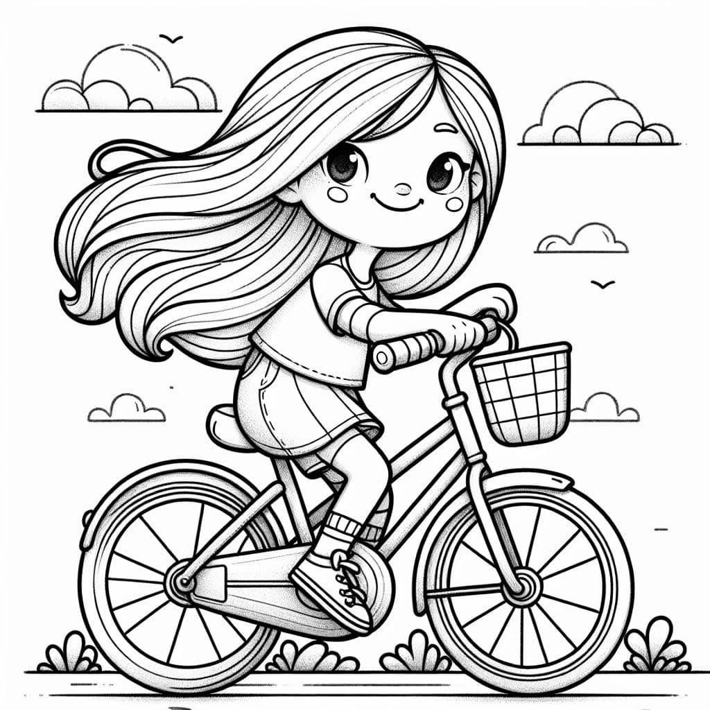 Niña rubia de nueve años con cabello largo montando en bicicleta